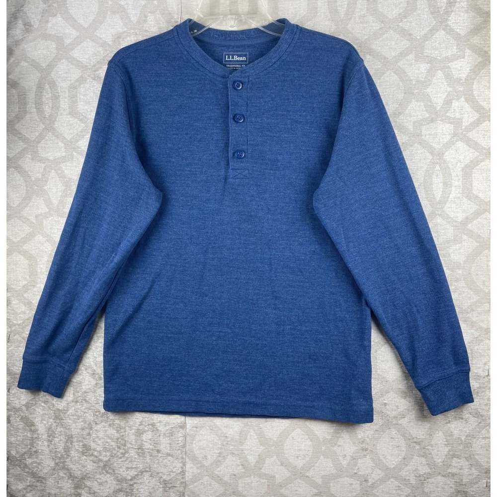 LL Bean Carefree Unshrinkable Henley Men Small Blue Waffle Cotton Shirt FW24